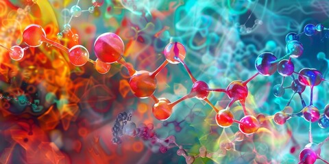 Poster - Abstract representation of molecular structures in vibrant colors, placed over a futuristic digital background