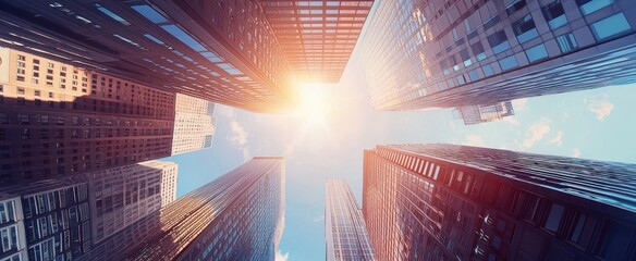 Poster - A Low-Angle View of Skyscrapers with a Sunny Sky