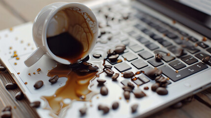 Spilled coffee from a mug on a laptop keyboard with coffee beans