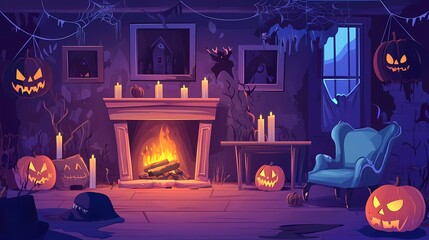 Halloween interior. Celebration of haunted house party inside scary house, horror objects in messy room, chair fireplace night candles vector illustration