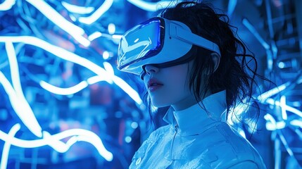 Wall Mural - Woman Wearing VR Headset in Blue Neon Light