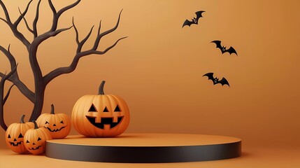 Canvas Print - Halloween with pumpkin and minimal empty podium base for product display and Halloween Elements. Spooky website, Background or banner Halloween Template