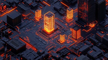 Wall Mural - Futuristic Cityscape Built on a Circuit Board with Glowing Orange Lights