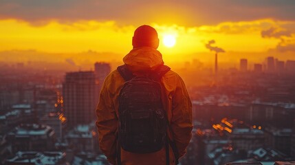 Poster - Man with Backpack Watching Sunset Over Cityscape