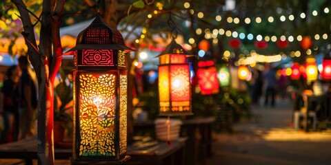 Aufkleber - A row of lanterns lighting a festive outdoor market, adding a cheerful and vibrant atmosphere to the event
