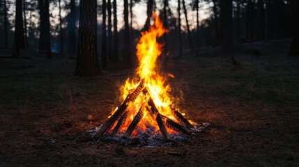 Wall Mural - Burning campfire on a dark night in a forest -