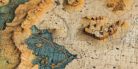 d topographic map model of mountains and river