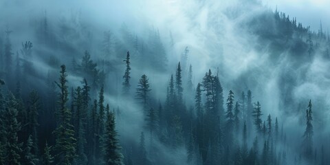 Wall Mural - A dense fog rolling over a mountain ridge covered with pine trees, creating a mystical and atmospheric scene