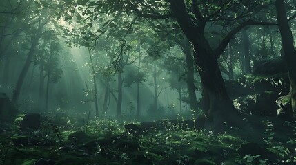 Silent forest with beautiful bright sun rays