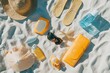 © fotofabrika - Bright summer essentials arranged on sandy beach with sunblock, flip-flops, and sunglasses ready for a relaxing day by the ocean