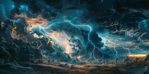Leinwandbilder - A dramatic thunderstorm with lightning flashes lighting up the sky, capturing the power and beauty of nature's fury