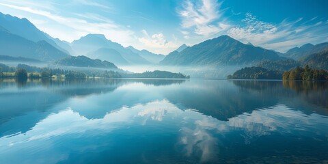 Wall Mural - A serene lake surrounded by mountains and reflected in calm waters, offering a peaceful retreat in nature