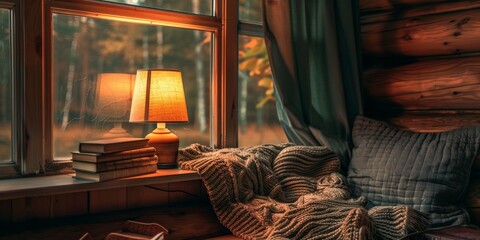 Leinwandbilder - A cozy reading nook with a lamp casting a warm glow on a stack of books, inviting relaxation and literary escape