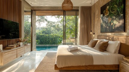 Canvas Print - Modern Bedroom with Pool View and Wooden Accents