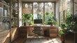 © Quickknow - A modern home office interior with bright lighting, sleek furniture, and lush plants arranged on the desk, creating a fresh and productive environment
