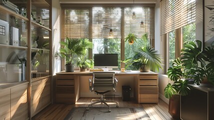 A modern home office interior with bright lighting, sleek furniture, and lush plants arranged on the desk, creating a fresh and productive environment