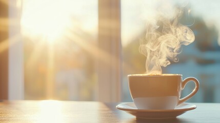 Morning Coffee Steam Sunlight Windowsill