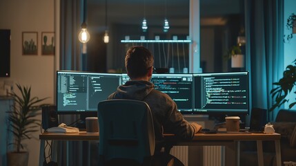 focused coder at software development firm surrounded by monitors and high-tech equipment
