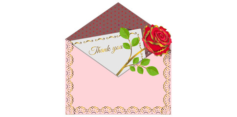 Hand Drawn Thank You Calligraphy With Red Rose Envelope Vector Illustration.