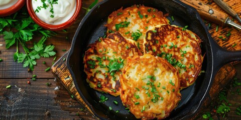 Wall Mural - Delicious potato pancakes fried on a skillet Food concept Overhead view