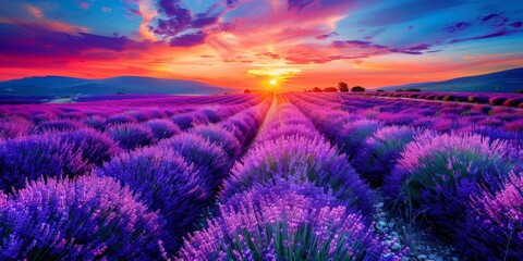 Wall Mural - A colorful sunset over a field of lavender in bloom, evoking sensory experiences and natural aromas