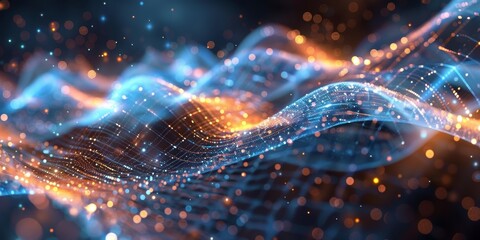 Quantum physics concept with abstract digital particles and wave function, symbolizing quantum mechanics and scientific research