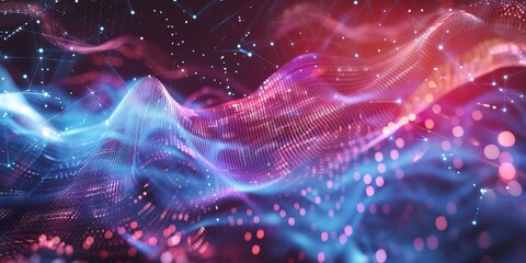 Quantum physics concept with abstract digital particles and wave function, symbolizing quantum mechanics and scientific research
