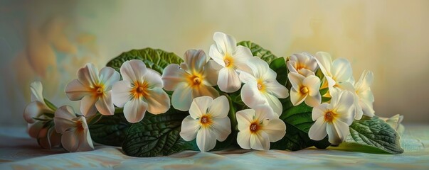 Wall Mural - Delicate primroses with pastel petals, 4K hyperrealistic photo