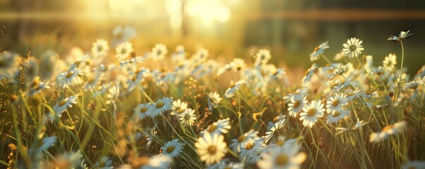 Wall Mural - A peaceful field of daisies dancing in the sunlight, 4K hyperrealistic photo