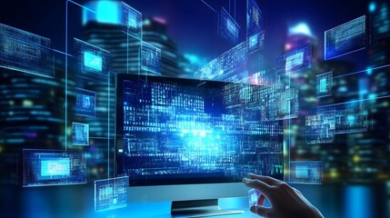 A hand reaches towards a computer screen displaying data and code, with a cityscape in the background.
