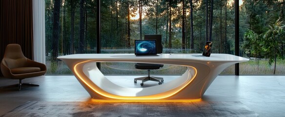 Sticker - Modern White Desk with Futuristic Design in a Room with a Forest View