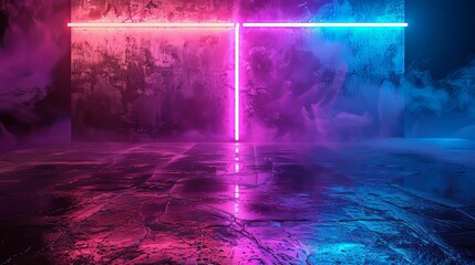 Wall Mural - Glowing Neon Lights Reflecting on Wet Concrete Floor