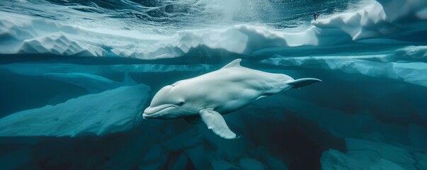 Wall Mural - Serene beluga whale diving in Arctic seas, 4K hyperrealistic photo