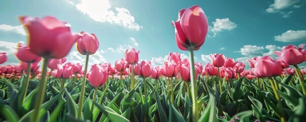 Wall Mural - Blooming tulip fields under a sunny sky, 4K hyperrealistic photo