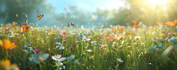 Wall Mural - Sunlit meadow with wildflowers and butterflies, 4K hyperrealistic photo