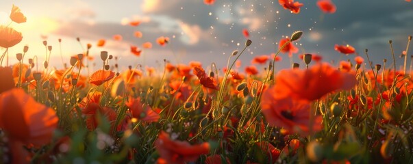 Wall Mural - Vibrant poppies dancing in the wind, 4K hyperrealistic photo