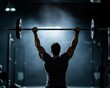 © ItziesDesign - Crossfit athlete lifting a barbell overhead, strong pose, gym with concrete walls, chalk dust in the air, intense fitness moment, editorial photography