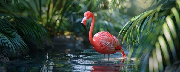 Wall Mural - Elegant flamingo standing in shallow water, 4K hyperrealistic photo