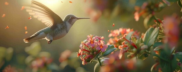 Wall Mural - Tiny hummingbird hovering near blooming flowers, 4K hyperrealistic photo