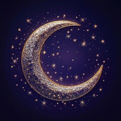 Wall Mural - A Golden Crescent Moon with Glittering Stars on a Deep Blue Night Sky