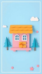 Wall Mural - Papercraft house with gift, trees, and clouds on blue background.