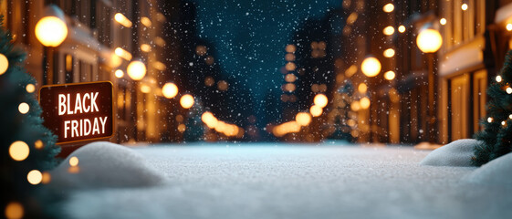 Wall Mural - Festive Black Friday street covered in snow with glowing lights, a perfect winter night scene highlighting holiday shopping and seasonal sales.