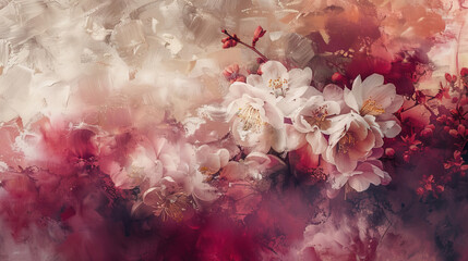 close up sensual flowers, abstract paint textures, tones of coral, white, beige, pink and dark purple