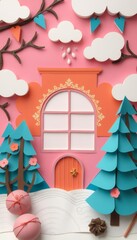 Wall Mural - Paper craft of a colorful house with trees, clouds, and flowers.