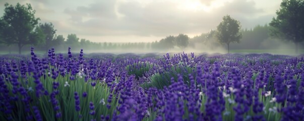 Poster - A peaceful field of lavender stretching towards the horizon, 4K hyperrealistic photo