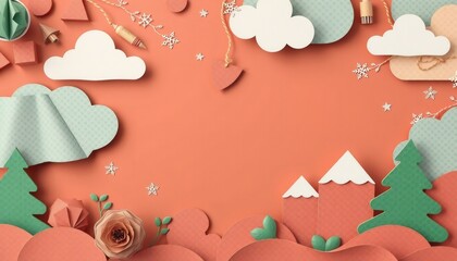 Wall Mural - Orange paper texture background with 3D paper cutouts of clouds, trees, houses, and snowflakes.