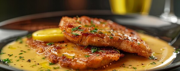 Tender veal escalope with lemon sauce, 4K hyperrealistic photo