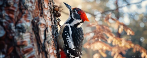 Busy woodpecker pecking insects from bark, 4K hyperrealistic photo