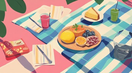 Picnic basket filled with food with personal accessory on blanket over green grass 