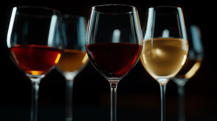 Wall Mural - A row of wine glasses with different colored liquids in them. The glasses are arranged in a line, with the first glass on the left and the last glass on the right